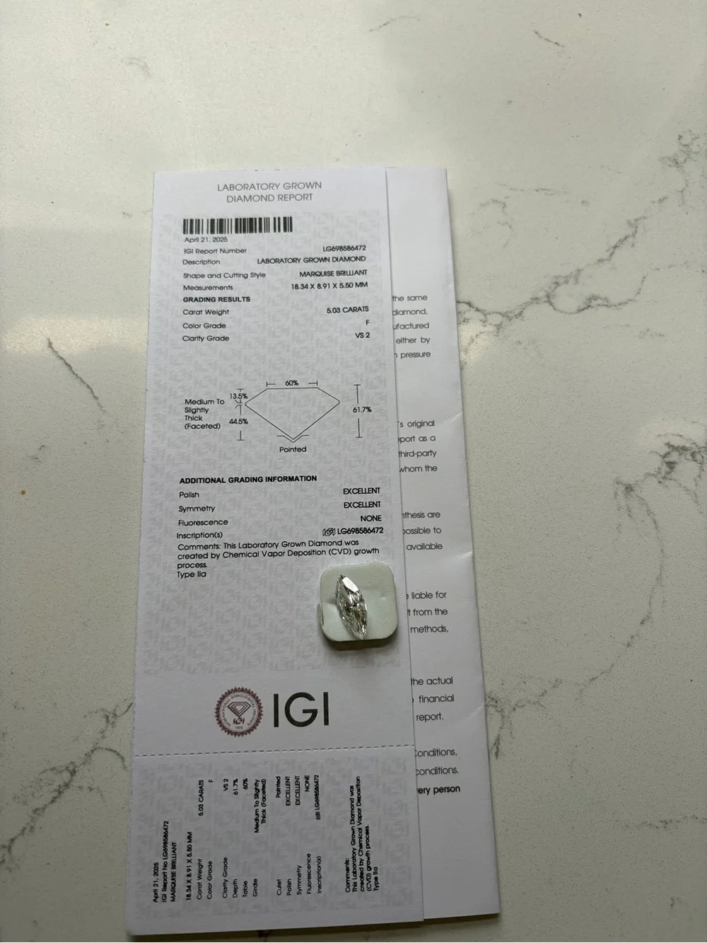 5.03 CTW IGI certified Marquise Cut Diamond Ring F VS2 Excellent/Excellent